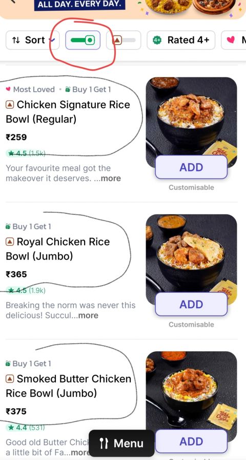 EatSure menu with the Veg filter enabled while chicken dishes remain visible