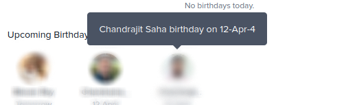 Keka HR Birthday widget screenshot showing a tooltip with the incomplete date '12-Apr-4'
