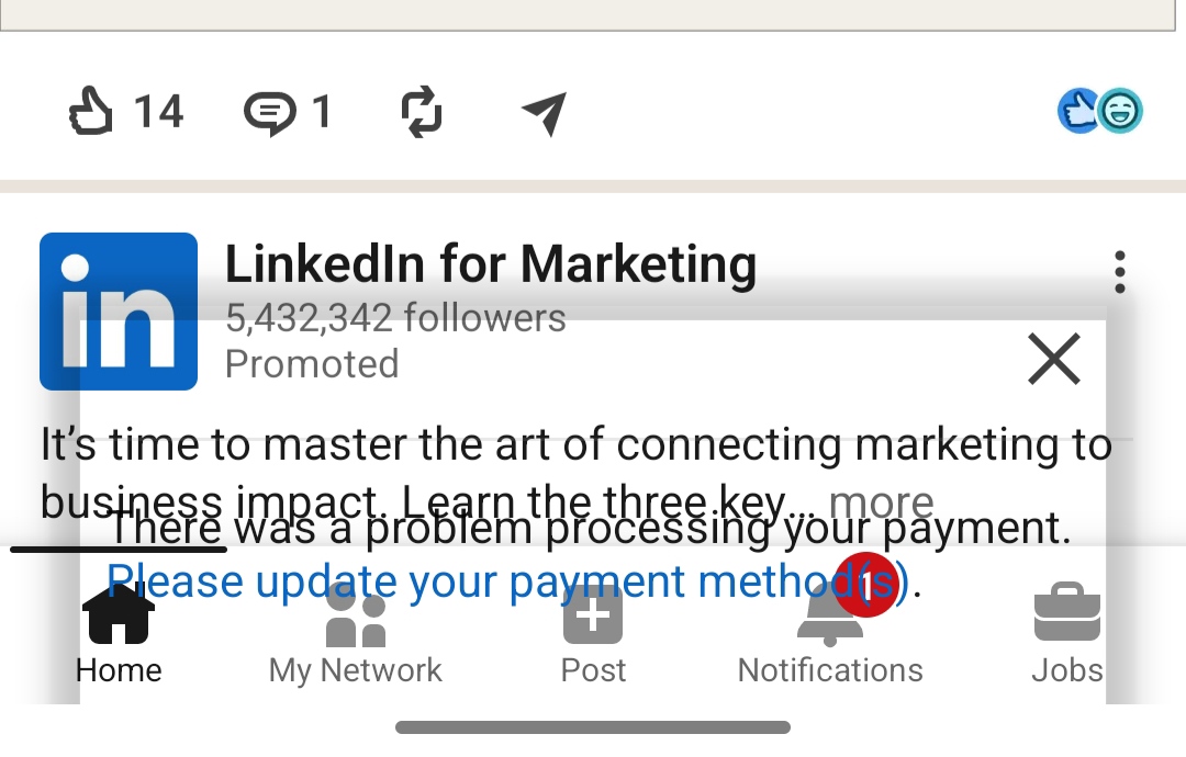 LinkedIn Android screenshot showing a payment reminder banner overlapping a promoted post and the bottom navigation bar
