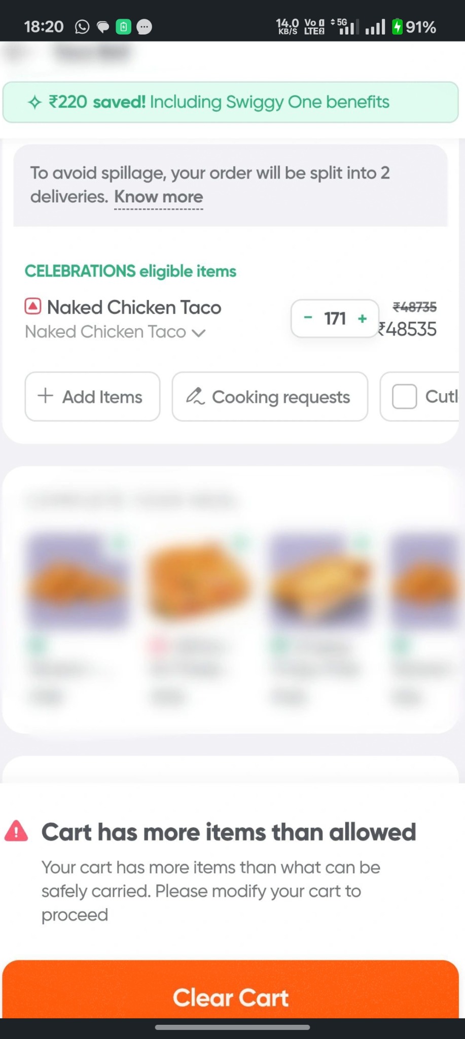 Food delivery app showing a cart with a large item quantity and a message that the order will be split into two deliveries